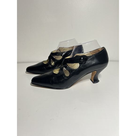 VTG Kenneth Cole 80s 90s Black Victorian Strappy Granny Edwardian Pump Heel 10 - Picture 1 of 8